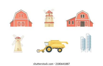 Farm rural buildings and agricultural machines set. Red wooden barn, harvester and windmill cartoon vector illustration