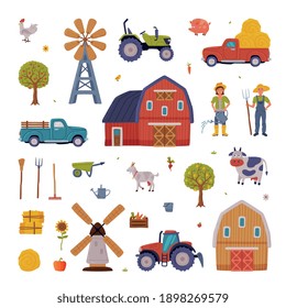 Farm Rural Buildings and Agricultural Objects Set, Barn, House, Mill, Tractor, Pickup, Livestock, Agriculture and Farming Concept Cartoon Style Vector Illustration