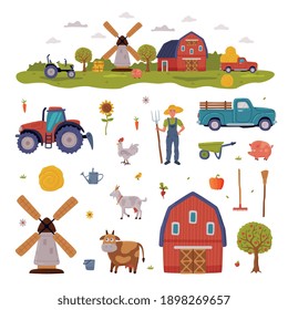 Farm Rural Buildings and Agricultural Objects Set, Barn, Mill, Tractor, Pickup, Livestock, Agriculture, Gardening and Farming Concept Cartoon Style Vector Illustration