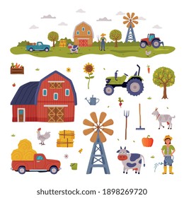 Farm Rural Buildings and Agricultural Objects Set, Farmhouse, Windmill, Tractor, Pickup, Livestock, Agriculture and Farming Concept Cartoon Style Vector Illustration