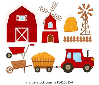 Farm Rural Buildings and Agricultural Objects Set, Farmhouse, Windmill, Tractor, Pickup, Livestock, Agriculture and Farming Concept Cartoon Style Vector Illustration