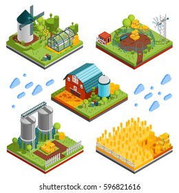 Farm rural buildings isometric compositions set with square segments of ranch reservation with plantations mills reservoirs vector illustration