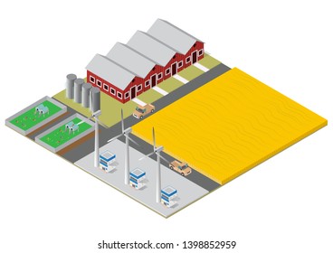 Farm rural buildings isometric with houses reservoirs mill and plantation field of wheat vector illustration