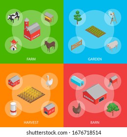 Farm Rural Concept Banner Set 3d Isometric View. Vector illustration of Field, Cow, Building