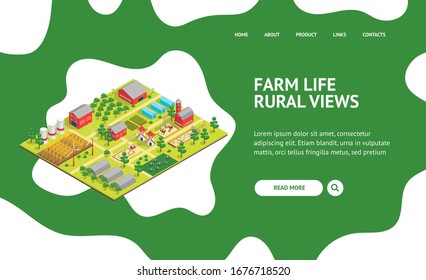 Farm Rural Concept Landing Web Page 3d Isometric View. Vector Illustration Of Field, Cow, Building