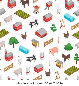 Farm Rural Concept Seamless Pattern Background On A White 3d Isometric View. Vector Illustration Of Field, Cow, Building