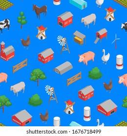 Farm Rural Concept Seamless Pattern Background 3d Isometric View. Vector illustration of Field, Cow, Building