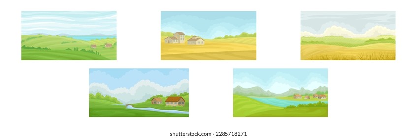 Farm and Rural Fields Landscapes and Horizontal Views Vector Set