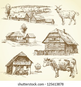 farm, rural landscape, agriculture - hand drawn collection