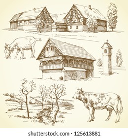 farm, rural landscape, agriculture - hand drawn collection