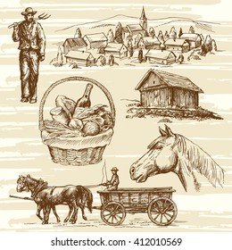 Farm, rural landscape, agriculture - hand drawn collection