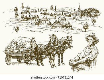 Farm, rural landscape, agriculture - hand drawn collection