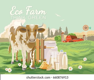 Farm rural landscape. Agriculture vector illustration. Colorful countryside. Poster with retro village, farm, dairy and cow