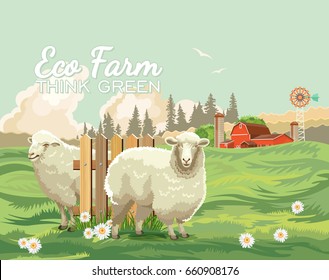 Farm Rural Landscape. Agriculture Vector Illustration. Colorful Countryside. Poster With Retro Village, Farm And Sheeps