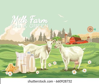 Farm rural landscape. Agriculture vector illustration. Colorful countryside. Poster with retro village, farm and goats