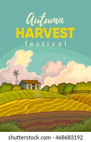 Farm rural landscape with field. Illustration harvesting crops. Vector background with harvest.