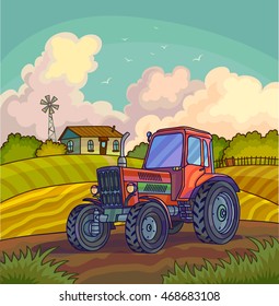 Farm rural landscape with field and tractor. Illustration harvesting crops. Vector background with harvest.