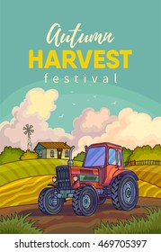 Farm rural landscape with field and tractor. Illustration harvesting crops. Vector background with harvest.