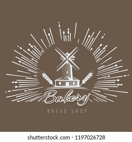 Farm, rural landscape logo or label. Agriculture, agribusiness, village, mill icon. Vintage vector illustration