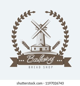 Farm, rural landscape logo or label. Agriculture, agribusiness, village, mill icon. Vintage vector illustration
