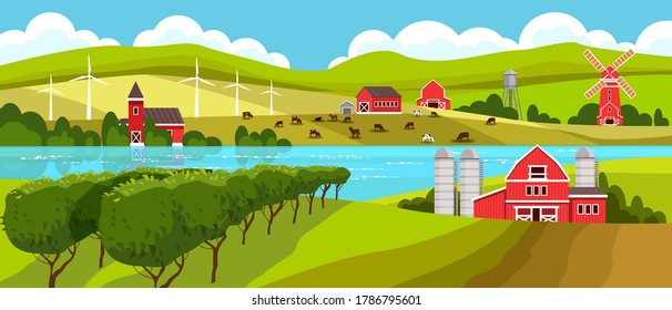 Farm rural landscape with mill, vineyard, lake, livestock, hills, green fields, mountains, barn. Countryside rural landscape with grazing cows, bushes, river, wind turbine, red house. European view