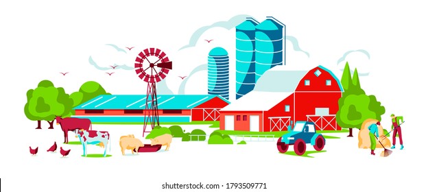 Farm Rural Landscape Scene. Farmyard With Buildings, Silo Tower, Livestock And Working People. Agriculture And Farming Concept Flat Vector Illustration Isolated On White Background