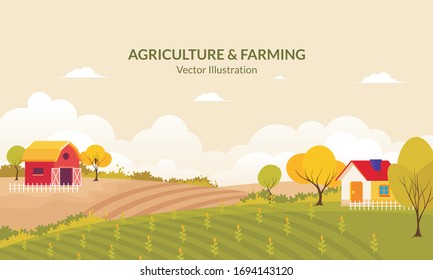 Farm Rural landscape vector background. organic farm products, agriculture tool and machine, windmill, red barn and house.