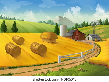 Farm, rural landscape vector background