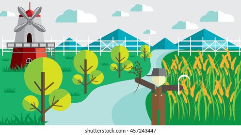 Farm, rural landscape vector background
