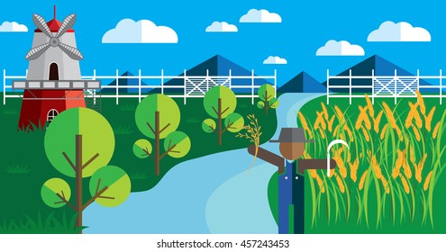 Farm, rural landscape vector background