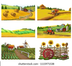 Farm, rural landscape, vector set