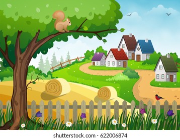 Farm rural landscape with village houses, green meadow, tree and field with hay
