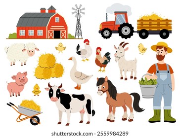 Farm. Rural life. Set of illustrations farm domestic animals cow, pig, goat, chicken, goose and others. Agricultural machinery. Dry hay, barn, farmer. Poultry yard.