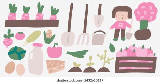 Farm, rural objects, clip art set. Cute hand drawn doodle farmer, harvest, plants, milk, products, food, garden tools, fruits, cheese, eggs, seedling forks Items icons in children style for kids