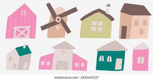 Farm, rural objects, clip art set. Cute hand drawn doodle village houses, homes, buildings, windmill, barn, architecture. Items, icons in children style for kids