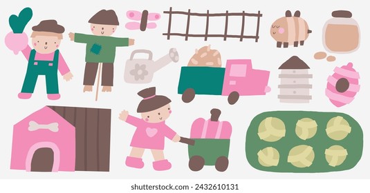 Farm, rural objects, clip art set. Cute hand drawn doodle farmer, scarecrow, garden bed, bee hive, dog house, butterfly, harvest, ranch car, honey jar, fence. Items, icons in children style for kids