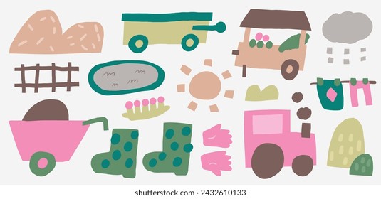 Farm, rural objects, clip art set. Cute hand drawn doodle tractor, rubber boots, hay stack, pond, garden gloves, market tent, wheelbarrow, sun, cloud, cart. Items, icons in children style for kids