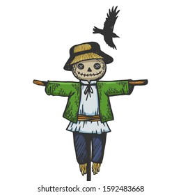 Farm rural scarecrow with flying crow bird sketch engraving vector illustration. T-shirt apparel print design. Scratch board style imitation. Black and white hand drawn image.