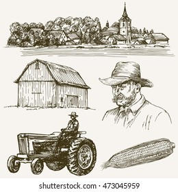 Farm, rural village. Hand drawn collection.