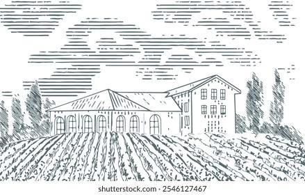 Farm, rustic house, vintage-style winery, sketch drawing. Vineyards or garden trees with a rural villa.