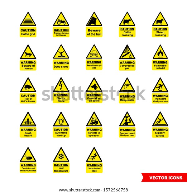 Farm safety hazard signs icon set of\
color types. Isolated vector sign symbols. Icon\
pack.