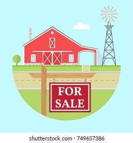 Farm for sale. For web design and application interface, also useful for infographics. Family farmhouse icon isolated on blue background. Real estate.