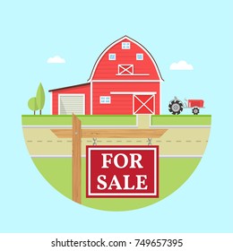 Farm for sale. For web design and application interface, also useful for infographics. Family farmhouse icon isolated on blue background. Real estate.