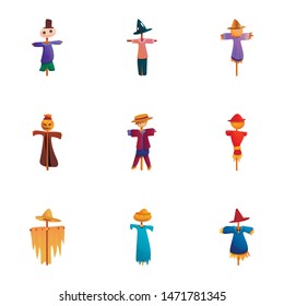 Farm scarecrow icon set. Cartoon set of 9 farm scarecrow vector icons for web design isolated on white background