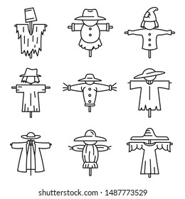 Farm scarecrow icons set. Outline set of farm scarecrow vector icons for web design isolated on white background