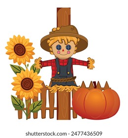 Farm scarecrow illustration isolated on white background. American style scarecrow of autumn harvest with sunflower and pumpkins. Thanksgiving autumn background for cards, invitations graphics.