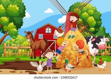 Farm Scene With All Animals illustration