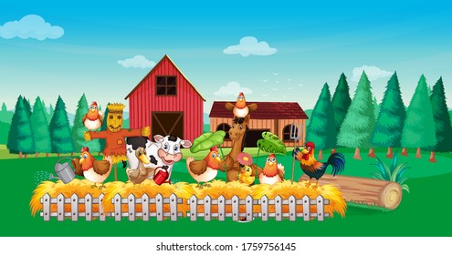 Farm Scene With Animal Farm Cartoon Style Illustration