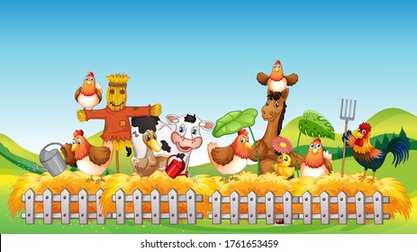 Farm scene with animal farm cartoon style illustration