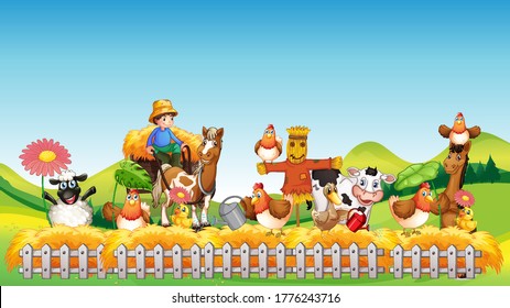 Farm scene with animal farm cartoon style illustration